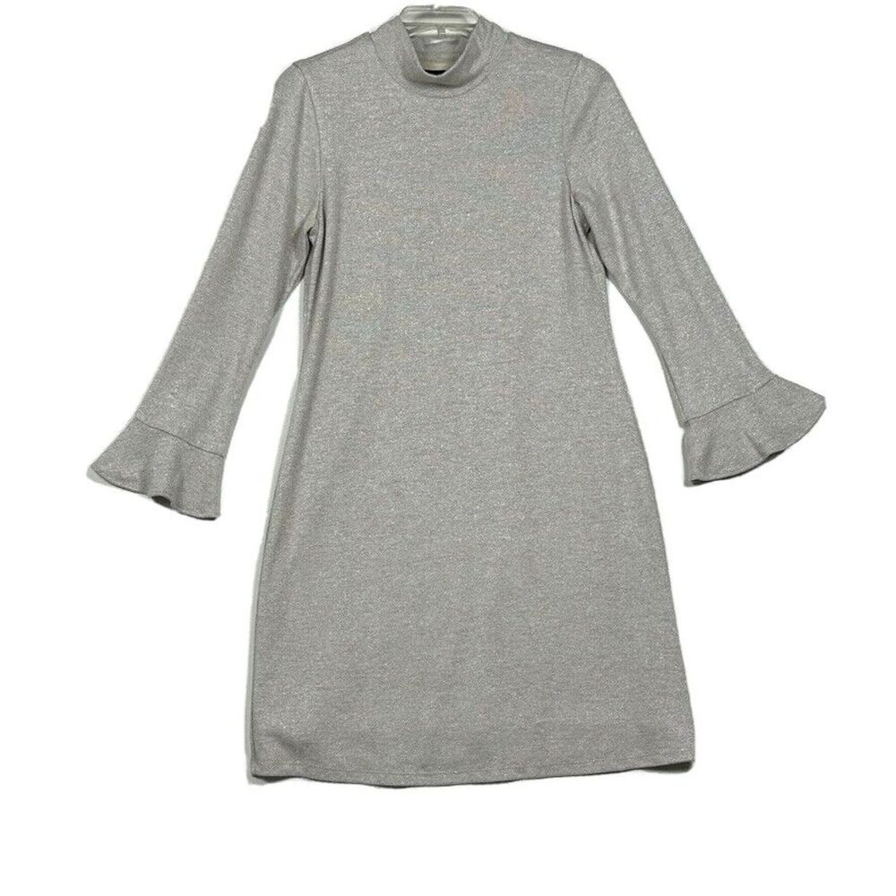 White House Black Market Womens Sweater Dress Small Beige Silver Flutter Sleeves